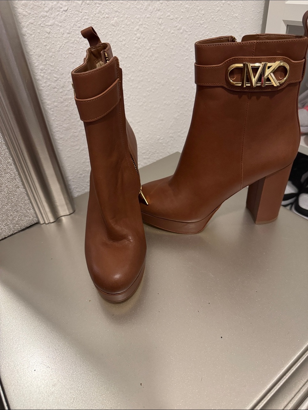 MICHAEL Michael Kors Chestnut Brown Leather Ankle Booties with Gold Accent - Picture 2 of 5